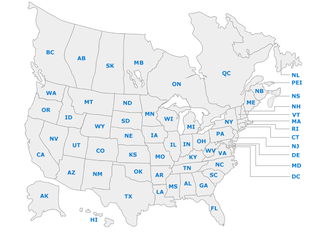 Map of USA and Canada