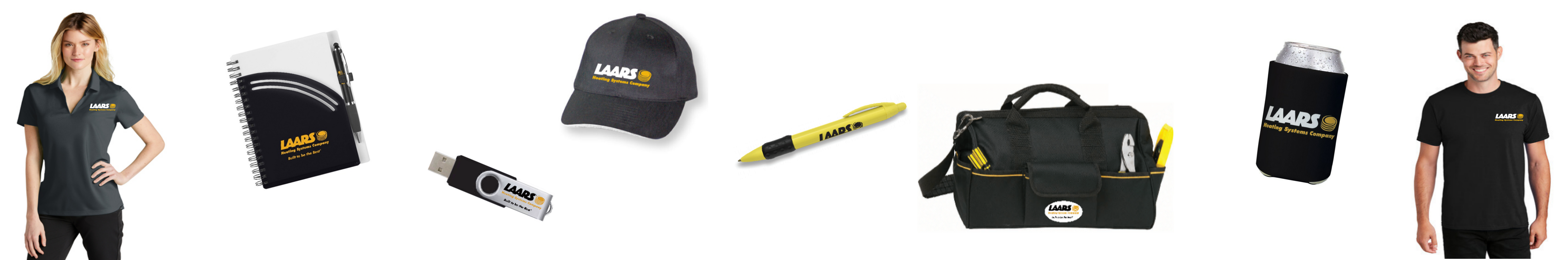 images of various Laars branded merchandise, such as a hat and shirts